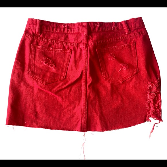 🆕Fashion Nova Caffeine - Distressed scarlet red denim mini skirt - Picture 2 of 12